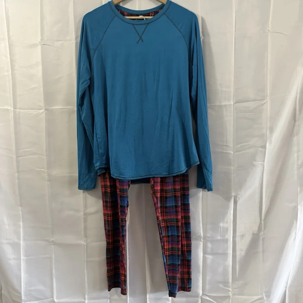 Cuddl Duds‎ Womens XL Pajama Set ClimateRight Teal Plaid Sleep Pants Modest Pjs